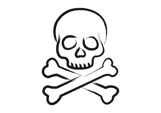 Calavera con tibias cruzadas dibujada a mano con trazos de pincel negro sobre fondo blanco