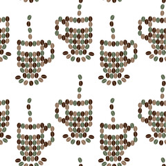 Multicolor coffee cup with steam and saucer made of various coffee Beans Seamless Pattern Coffee Day. Isolated Vector illustration Coffee Day Greetings Thematic Cards Social media Post Print Materials
