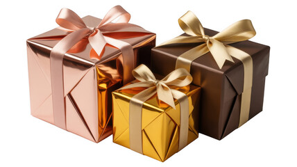 Obraz premium Three gift boxes with ribbons and bows presents gold isolated on a transparent background