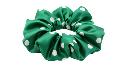 A vibrant green and white polka dot scrunchie beautifully rendered on transparent background.