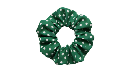 A dark green scrunchie with white polka dots isolated and ready to use on transparent background.