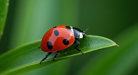 Vibrant red insect with black spots rests upon a broad green leaf
