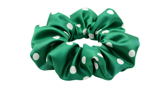 A vibrant green and white polka dot scrunchie beautifully rendered on transparent background. - Powered by Adobe