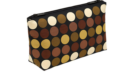 A stylish polka dot cosmetic bag with a black base presented on transparent background.