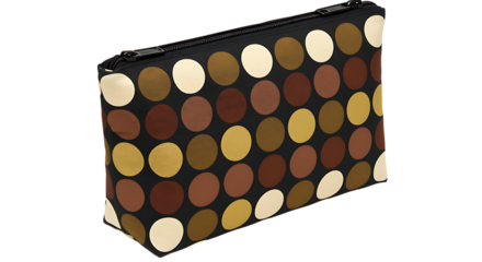 A stylish polka dot cosmetic bag with a black base presented on transparent background.
