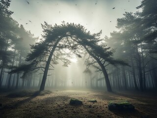 A foggy forest scene with a natural arch formed by pine tree branches and trunks on a misty day.