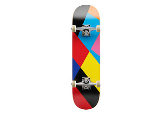 Colorful geometric pattern skateboard with white wheels and trucks on transparent background.