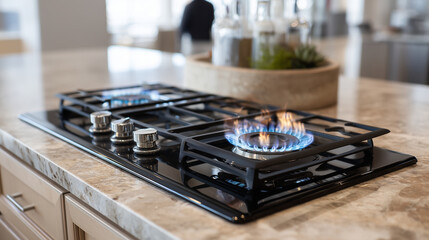 A black glass panel and two gas stove burners are placed on top of the kitchen countertop, and the burning elements emit blue flames. Beige marble counters with natural wood and st