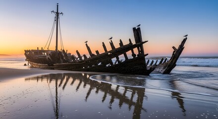 A shipwreck lies stranded on the beach at sunset with a serene reflection