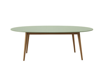 A minimalist light green oval dining table with wooden legs on transparent background.