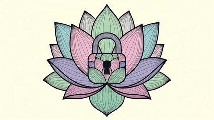 Vibrant lotus flower with colorful petals and padlock