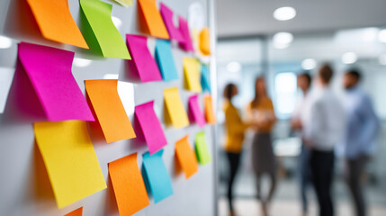 Faceless sticky note writing business people in office, heavily defocused background, anonymous creative team in project collaboration for publishing, discussion document editor gr