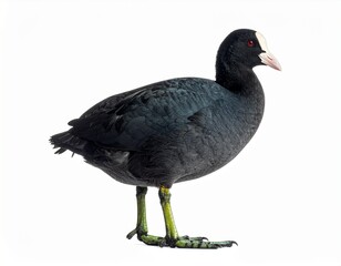 Photo of a coot bird (Fulica atra) isolated on a white background. Freshwater waterfowl, ideal for wildlife, nature, and bird photography projects