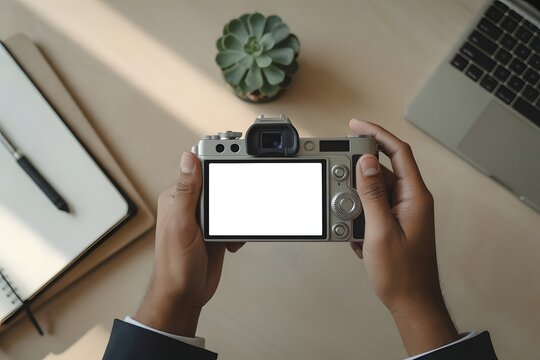 A top down view depicts a person holding a silver retro camera over a wooden desk with a laptop and plant