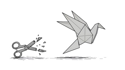 Origami bird flying away from cutting scissors freedom concept