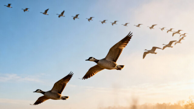 V-shaped flock of migrating birds flying across soft blue sky, serene composition. wildlife magazines, conservation campaigns, designed for wildlife conservation campaigns.