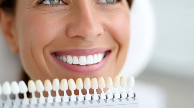 close-up of a woman smiling with a dental color chart and teeth models against a white background. close-up shot of a female mouth during a professional whitening treatment at the