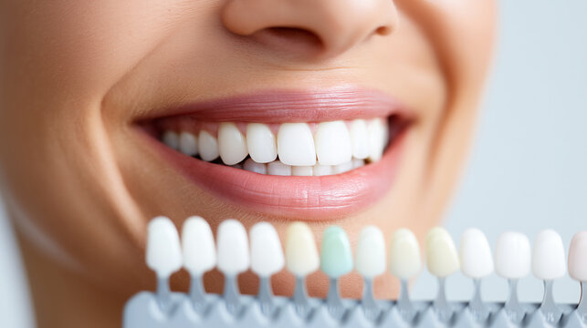 close-up of a woman smiling with a dental color chart and teeth models against a white background. close-up shot of a female mouth during a professional whitening treatment at the