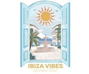Obraz premium Summer good vibes vector graphic design for poster. Ibiza beach view from resort window t-shirt. Ibiza beach graphic print design. Beach hotel watercolor painting.