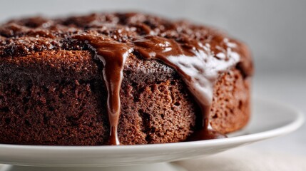 This delightful chocolate cake showcases its rich, moist texture and glossy chocolate glaze. Set against a clean white backdrop, it invites a taste of sweet indulgence