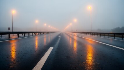 A wet highway with streetlights on a foggy evening, stretching into the distance with a guardrail on both sides.