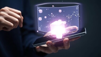 A person holding a smartphone with a 3d cube and geometric shapes projected on the screen in a futuristic interface - Powered by Adobe
