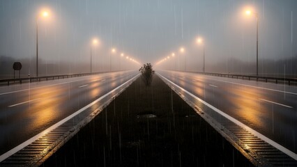 A wet highway stretches into the distance on a foggy evening with streetlights reflecting off the road surface.