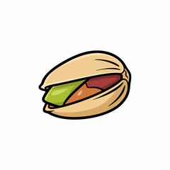 Pistachio nut cartoon illustration with shell and colorful kernel in flat vector style