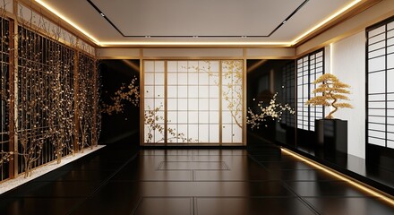 Elegant Japanese Interior Design with Bonsai Tree and Decorative Floral Elements creating a Zen