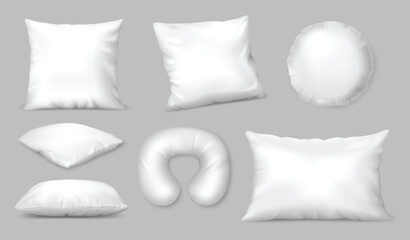 Realistic pillow mockup with fluffy cotton and linen texture for bedding product, home decor and interior. Vector 3D set of square and round cushions for sleep