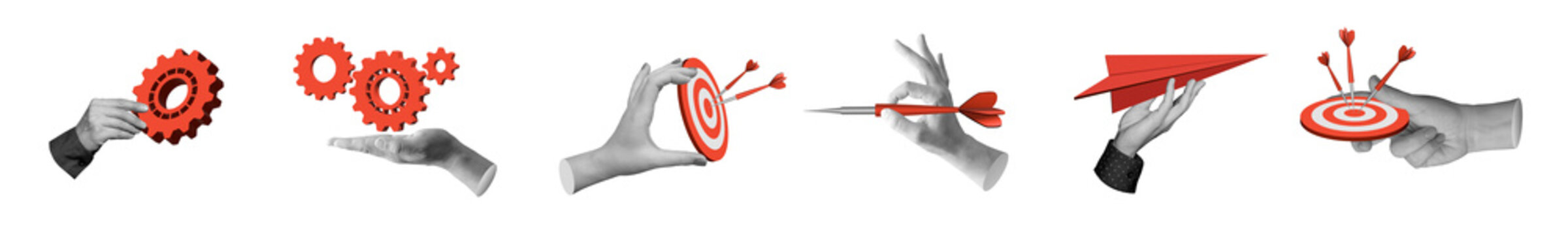 Collection of six hand elements with red gears, targets, darts, and paper airplane. For concepts of teamwork, strategy, goal setting, action, and innovation in business collages. Part of series
