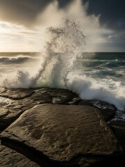 Large wave crashes against rocky shoreline with spray rising into the air at sunset