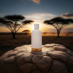 A white skincare bottle with a gold base stands on a rock formation in a savanna. Sunset colors fill the background