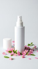 A white spray bottle stands upright surrounded by delicate pink flowers and green leaves, with the cap off