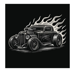 Retro Hot Rod with Flames &ndash; Vintage Racing Car Engraved Illustration