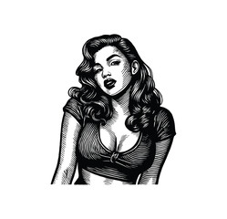 Vintage Pin-Up Woman Portrait &ndash; Black and White Engraving Illustration