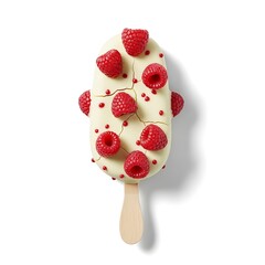 A white-chocolate-covered popsicle, garnished with fresh red raspberries and small red sprinkles, on a light wood stick