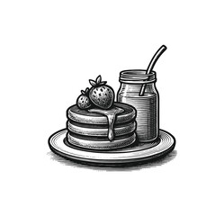 Vintage Pancake Breakfast with Strawberries &ndash; Engraved Food Illustration