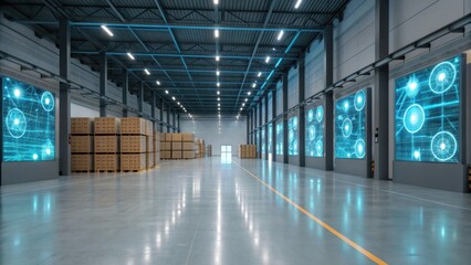 Fototapeta premium A modern warehouse interior featuring digital displays and stacked boxes, showcasing advanced technology and spacious design.