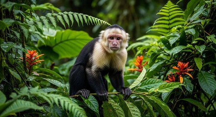 A white-faced monkey stares directly at the viewer, perched amidst vibrant green foliage and orange flowering plants