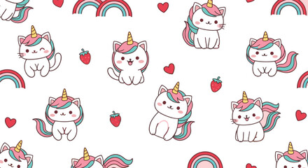 Seamless cute unicorn cat pattern vector illustration with kawaii kittens rainbows hearts and strawberries on pastel background © Sumon Creative