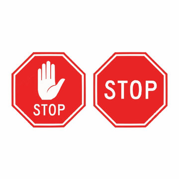 Vector set of two red octagonal stop signs one with a white hand symbol and text, the other pure text. Essential graphics for traffic control, road safety, and regulatory communication