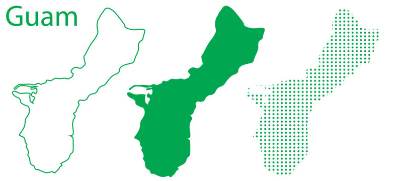 Guam Map Vector Set, Micronesia Oceania Outline Silhouette Dotted Green Shapes, Guam Country Infographic Template, Editable EPS Guam Geography