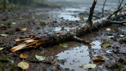 Obraz premium A broken tree branch lying in mud after a storm, scattered leaves and water droplets. gardening catalogs, home-decor guides, designed for gardening and botanical catalogs, celebrates nature.