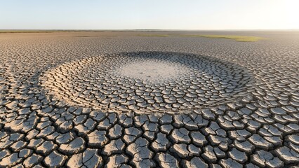 Dry cracked earth with a circular pattern forms a natural design in a vast desert landscape.