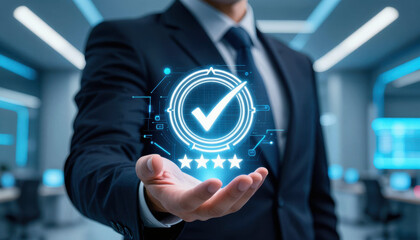 Business success satisfaction assessment concept with businessman holding digital checkmark and five stars symbol in futuristic office environment