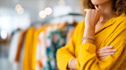 Faceless fashion shopping woman in clothing store, heavily defocused boutique background, anonymous person customer for decision choice bargain, retail sale discount thinking with