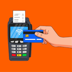 Seamless and secure tap-to-pay transaction with a credit card at a modern point-of-sale terminal, illustrating fast and convenient digital financial services