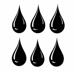 Set of six black oil drops or ink blots, illustrating concepts of liquids, fluids, or viscous substances, perfect for graphic design, industrial, or scientific contexts, symbolizing purity or elements