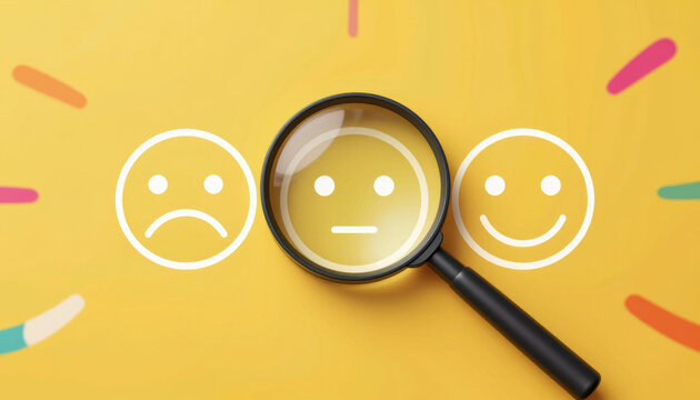 Satisfaction assessment in business success is symbolized by magnifying glass focusing on neutral face among sad and happy emoticons on yellow background expressing emotional evaluation - Powered by Adobe